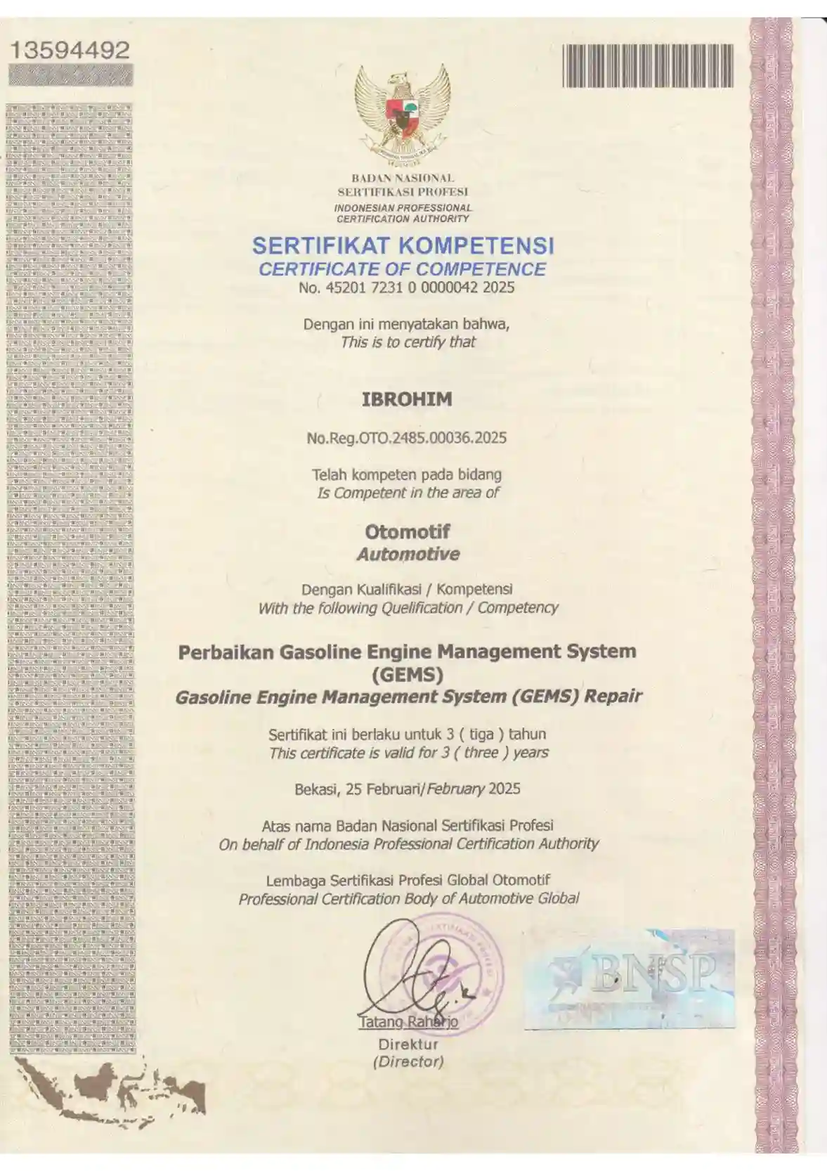 Sertifikat Teknisi Ahli Ke-5
