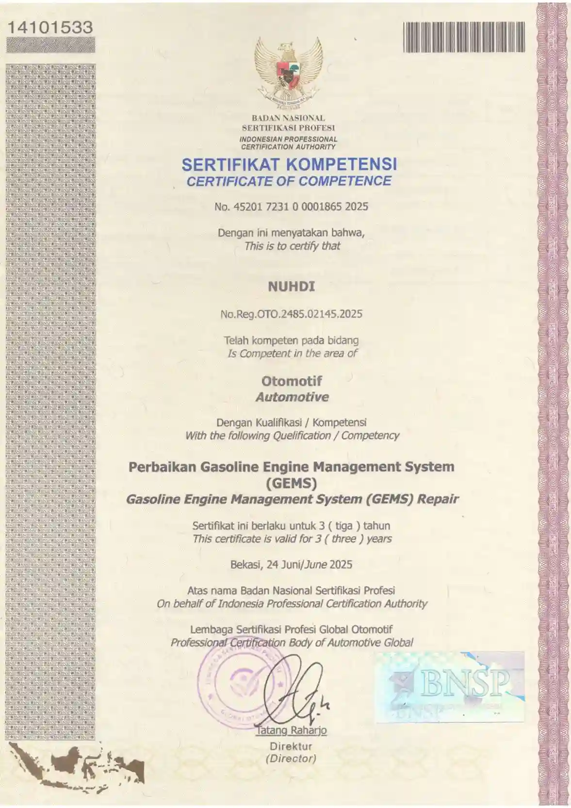 Sertifikat Teknisi Ahli Ke-6